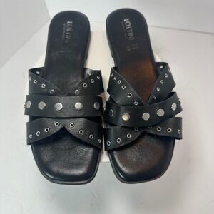 Lottini Italy Black Leather Studded Eyelet Slide Sandals Square Toe Womens 39